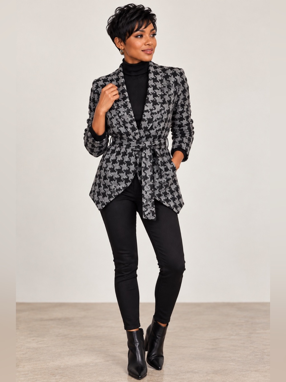 Jack BB Dakota Houndstooth Belted Wrap Coat Jacket Gray Black Medium